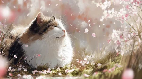 Tranquil Calico Cat in a Sunlit Spring Meadow with Petals - HD Wallpaper, 4k Background Image