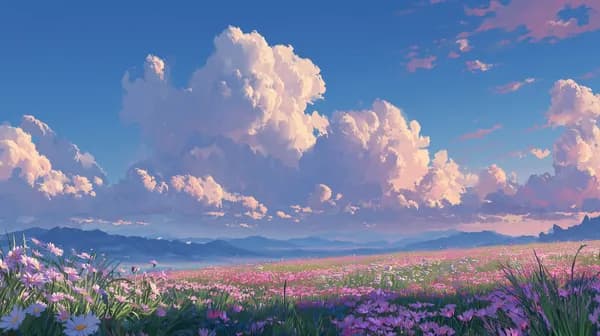 Dreamy Meadow of Pink Flowers Under Massive Cloudscape - HD Wallpaper, 4k Background Image