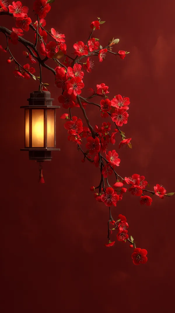 Warm Red Blossoms with Lantern - Elegant Floral Wallpaper - HD Wallpaper, 4k Background Image