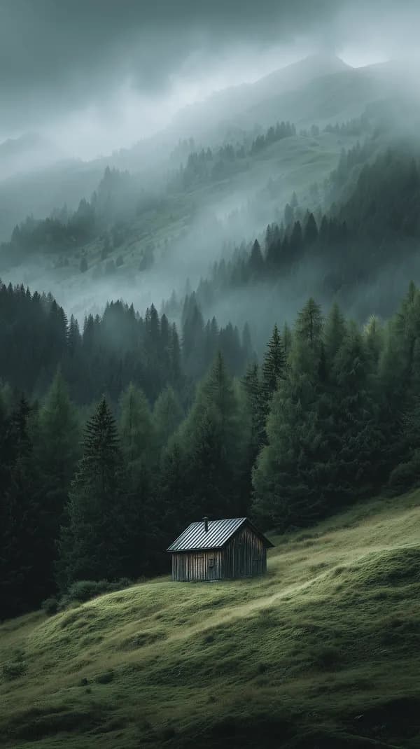 Misty Mountain Cabin Amid Foggy Forest Landscape at Dawn - HD Wallpaper, 4k Background Image