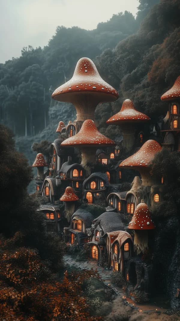 Whimsical Mushroom Village in Warm Glowing Lantern Light - HD Wallpaper, 4k Background Image