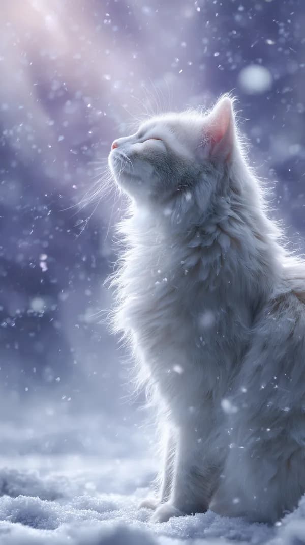 Snowy White Cat in Tranquil Winter Snowfall Wallpaper - HD Wallpaper, 4k Background Image