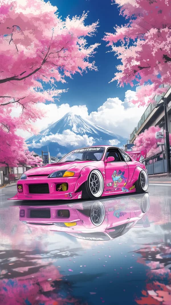Vibrant Pink Custom Car Under Cherry Blossoms and Sky - HD Wallpaper, 4k Background Image