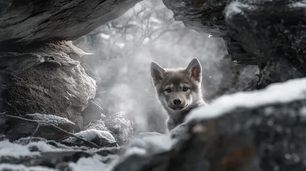 Winter Wolf Pup Peering from Snowy Cave – Mystical Forest Wallpaper - HD Wallpaper, 4k Background Image