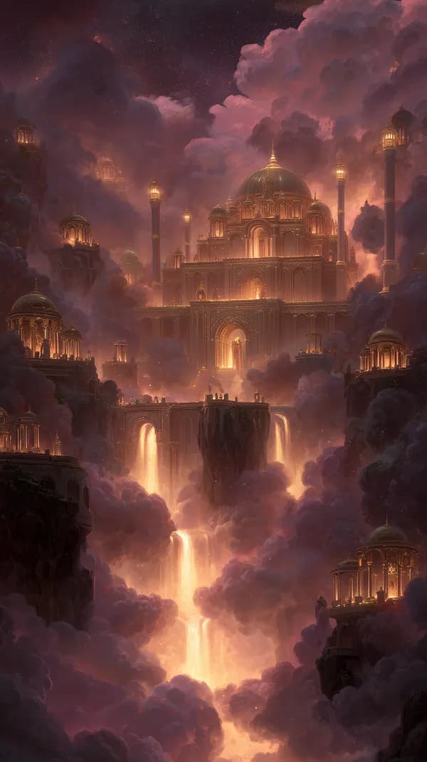 Celestial Cloud City: Glowing Domed Palace in the Sky - HD Wallpaper, 4k Background Image