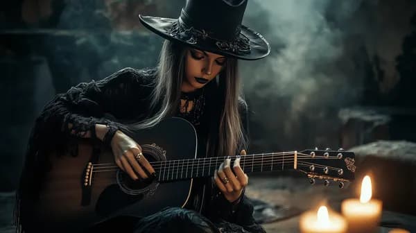 Gothic Witch Guitarist in Candlelit Night – Dark Fantasy Portrait - HD Wallpaper, 4k Background Image
