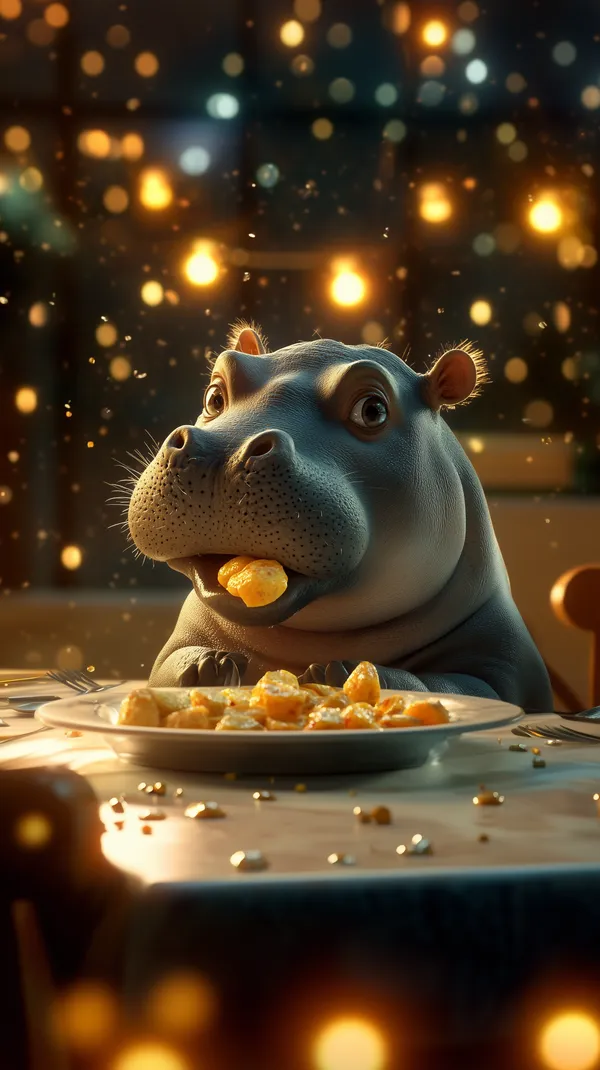 Whimsical Hippo at Dinner with Warm Bokeh Night Wallpaper - HD Wallpaper, 4k Background Image