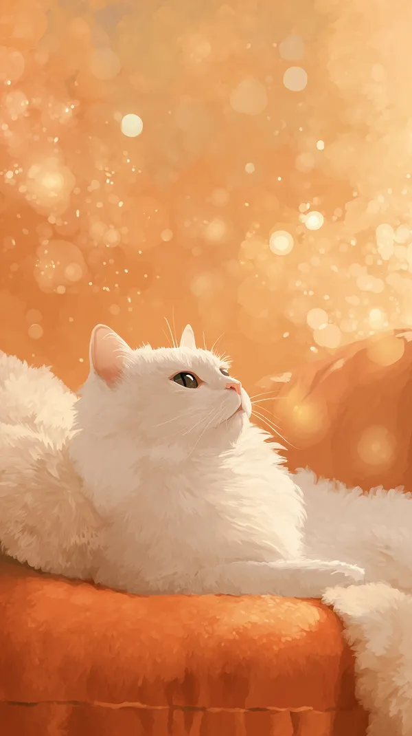 Cozy White Cat Lounging on an Orange Sofa - Warm Bokeh Wallpaper - HD Wallpaper, 4k Background Image