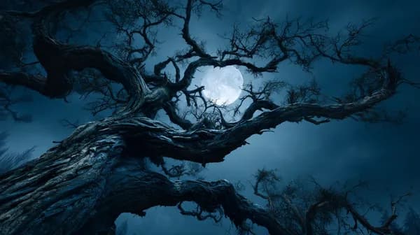 Moonlit Gnarled Tree Nightscape Wallpaper with Full Moon - HD Wallpaper, 4k Background Image