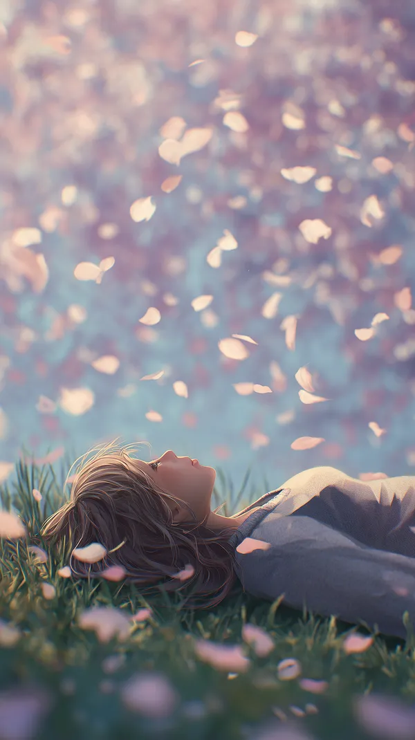 Dreamy Pastel Meadow: Woman Lying Among Falling Petals Wallpaper - HD Wallpaper, 4k Background Image