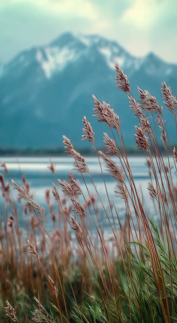 Soft Focus Reed Field by Mountain Lake – Serene Nature Wallpaper - HD Wallpaper, 4k Background Image