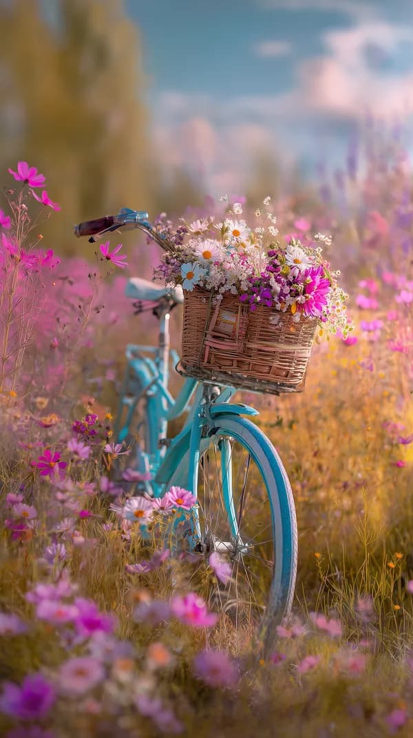 Pastel Bicycle with Flower Basket in Meadow - Dreamy Florals - HD Wallpaper, 4k Background Image