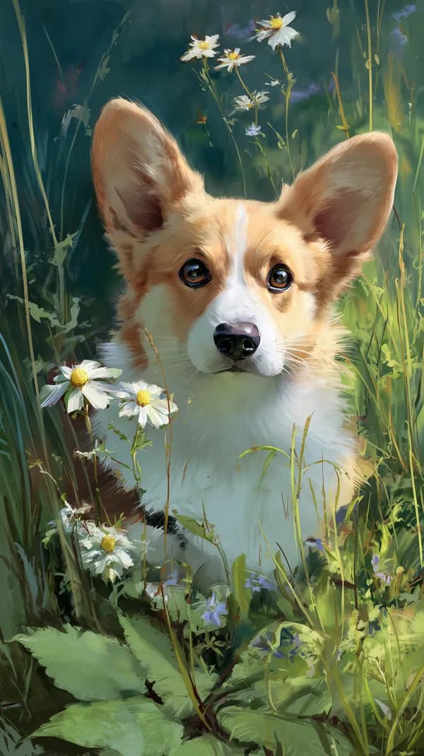 Corgi in Daisy Field – Dreamy Digital Painting Wallpaper - HD Wallpaper, 4k Background Image