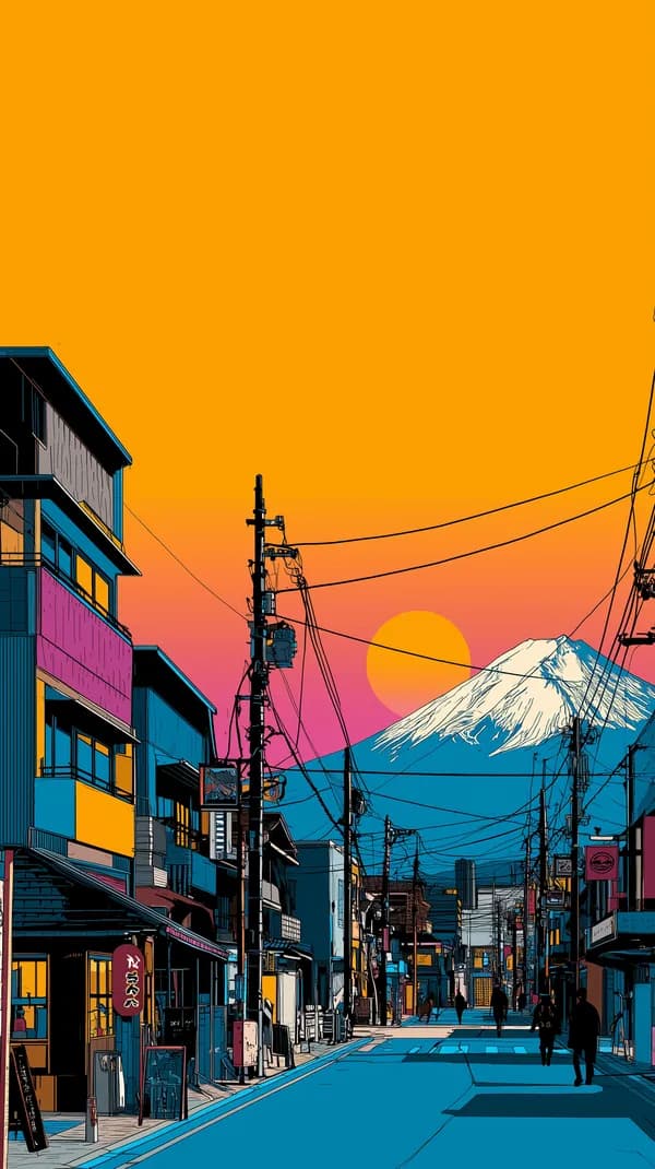 Vibrant Sunset City Street Wallpaper with Snow-Capped Mountain - HD Wallpaper, 4k Background Image