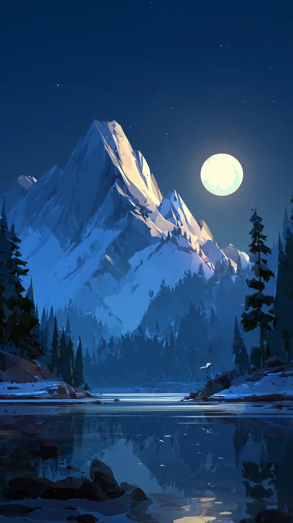 Moonlit Mountain Nightscape: Snowy Peaks & Reflective Lake - HD Wallpaper, 4k Background Image