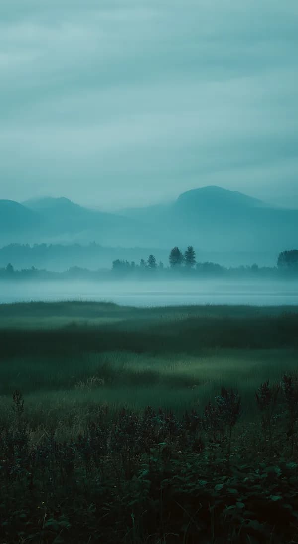 Misty Blue-Green Landscape: Serene Mountain Valley Scene at Dawn - HD Wallpaper, 4k Background Image
