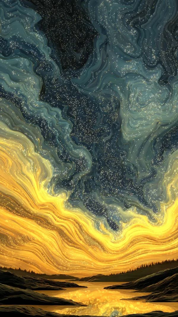 Swirling Night Sky with Sunset Reflection Landscape Wallpaper - HD Wallpaper, 4k Background Image