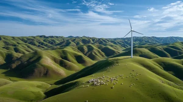 Tranquil Rolling Hills with Wind Turbine and Sheep - HD Wallpaper, 4k Background Image