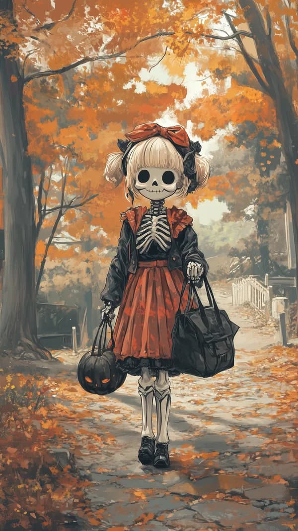 Autumn Halloween Skeleton Girl in a Cozy Fall Park Scene - HD Wallpaper, 4k Background Image
