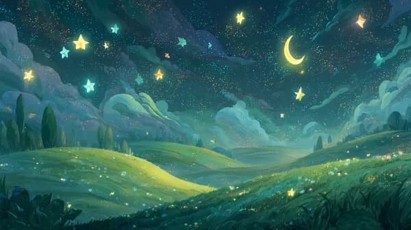 Dreamy Night Meadow: Starry Sky Fantasy Landscape Art - HD Wallpaper, 4k Background Image