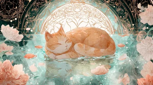 Dreamy sleeping cat on serene water amid floral mandala - HD Wallpaper, 4k Background Image