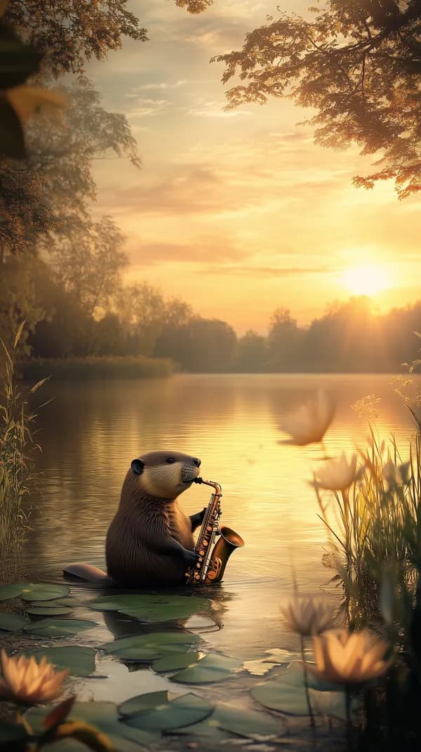 Serene Sunset Lake Scene with Beaver Playing Saxophone - HD Wallpaper, 4k Background Image