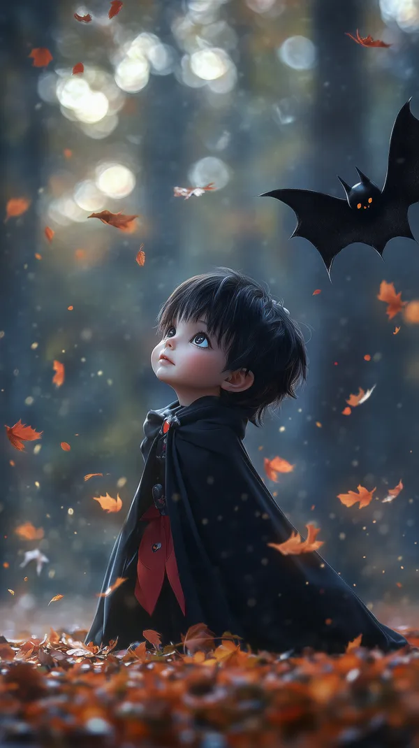 Autumn Night Fantasy: Adorable Child in a Dark Cloak Among Leaves - HD Wallpaper, 4k Background Image