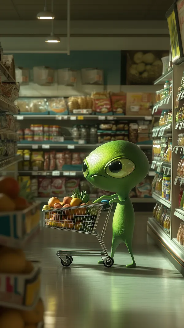 Whimsical Green Alien in a Grocery Aisle - Cartoon Wallpaper - HD Wallpaper, 4k Background Image