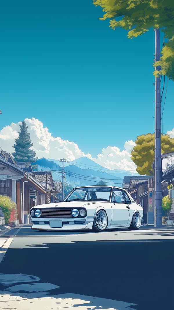 Sunny Vintage Car on a Quiet Suburban Street – Anime Style - HD Wallpaper, 4k Background Image