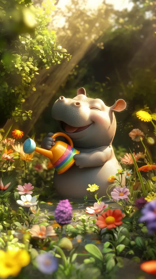 Cute Hippo Watering Garden Flowers Cartoon Wallpaper - HD Wallpaper, 4k Background Image