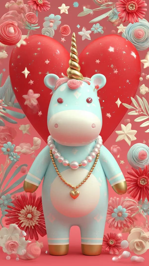 Pastel Unicorn Plush with Heart Backdrop – Dreamy 3D Wallpaper - HD Wallpaper, 4k Background Image