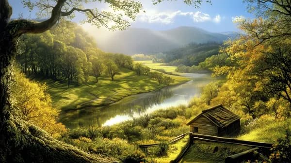 Golden River Valley Landscape with Sunlit Trees and Cabin - HD Wallpaper, 4k Background Image