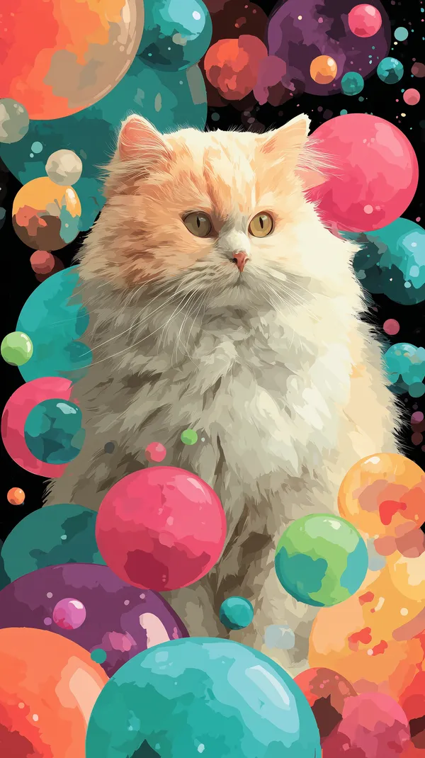 Dreamy Space Cat Surrounded by Colorful Orbs - Surreal Wallpaper - HD Wallpaper, 4k Background Image