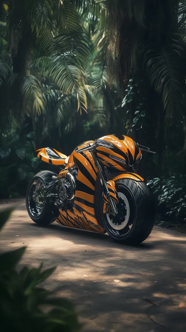 Tiger Stripe Orange Sport Bike in a Lush Jungle Setting - HD Wallpaper, 4k Background Image