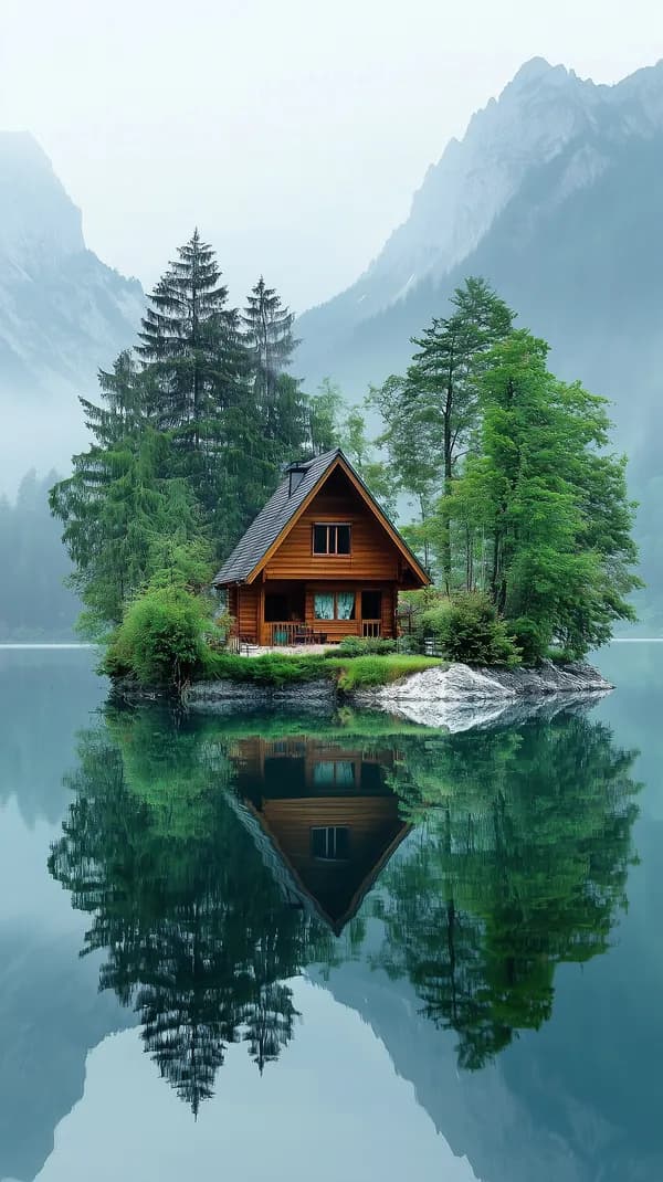 Tranquil Lakeside Cabin on an Island with Mountain Reflection - HD Wallpaper, 4k Background Image