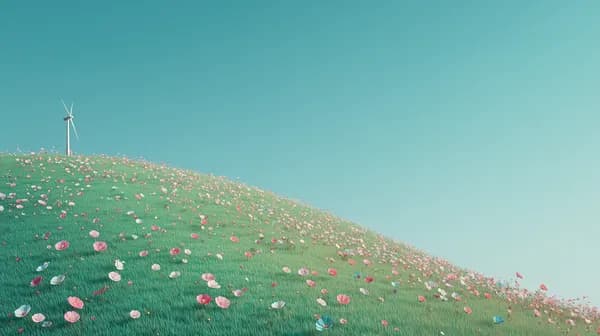 Tranquil Hilltop Field with Wind Turbine and Flowers - HD Wallpaper, 4k Background Image