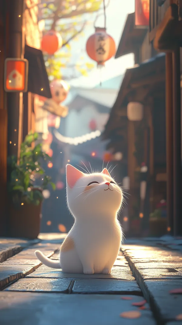 Whimsical White Cat in Lantern Street - Dreamy Wallpaper - HD Wallpaper, 4k Background Image