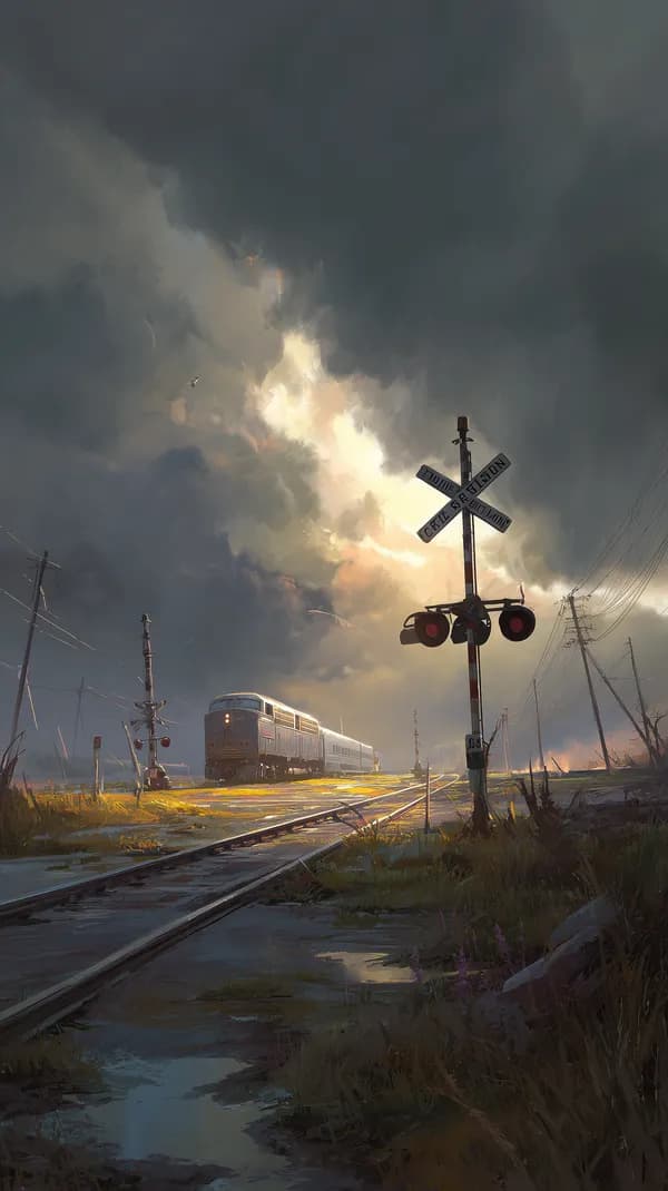 Stormy Sky Train Crossing: Dramatic Wet Landscape Wallpaper - HD Wallpaper, 4k Background Image