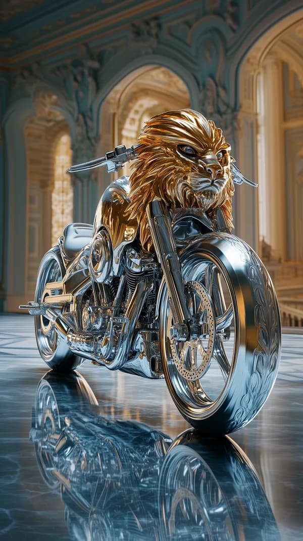 Golden Lion Rider on a Chrome Motorcycle in an Ornate Hall - HD Wallpaper, 4k Background Image