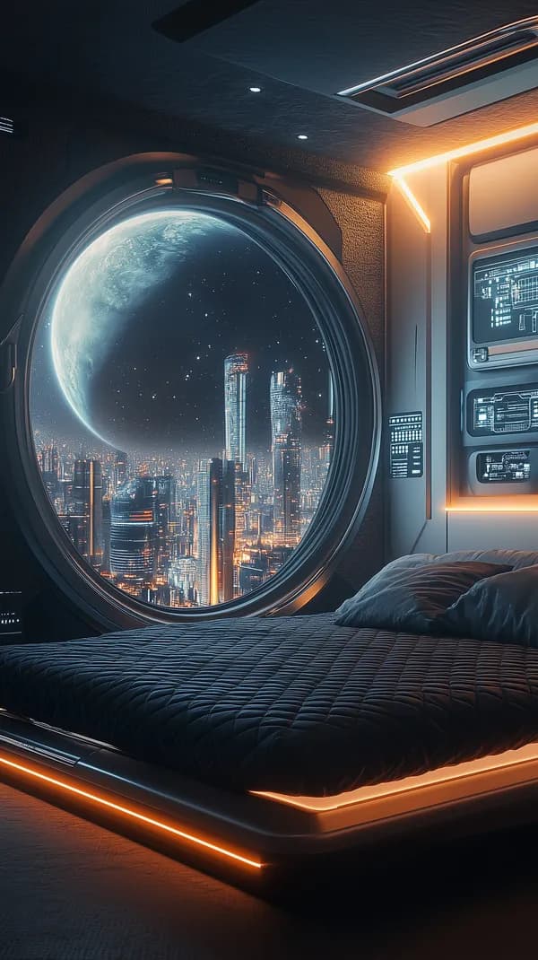 Futuristic Space Station Bedroom with Neon City View - HD Wallpaper, 4k Background Image