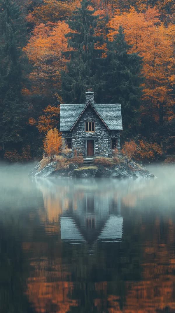 Autumn Stone Cottage on a Misty Lake Island - Serene Forest Scene - HD Wallpaper, 4k Background Image