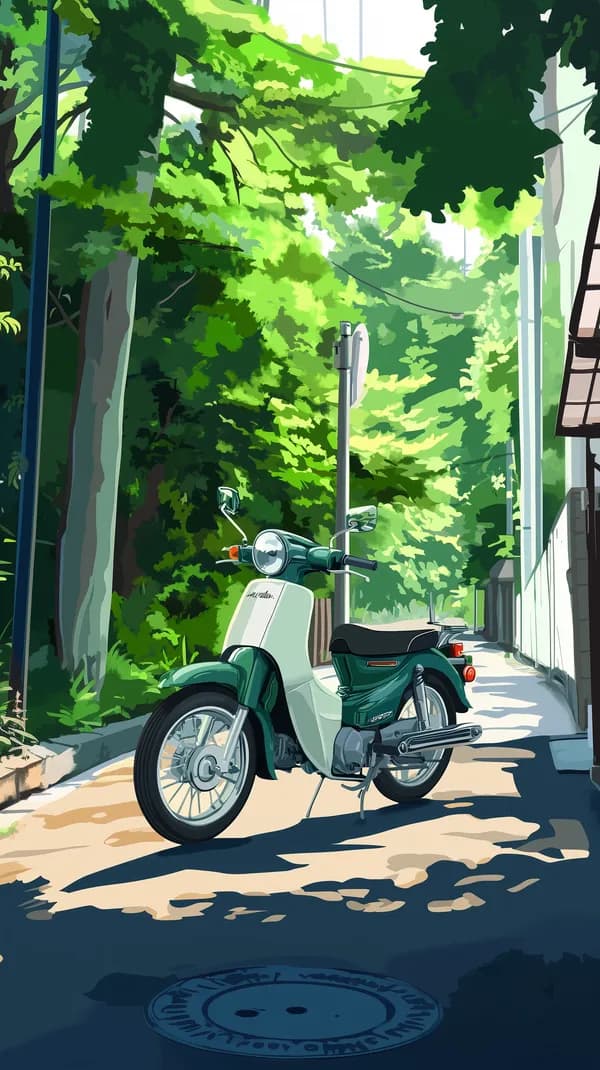 Tranquil Green Street with Vintage Scooter Wallpaper - HD Wallpaper, 4k Background Image