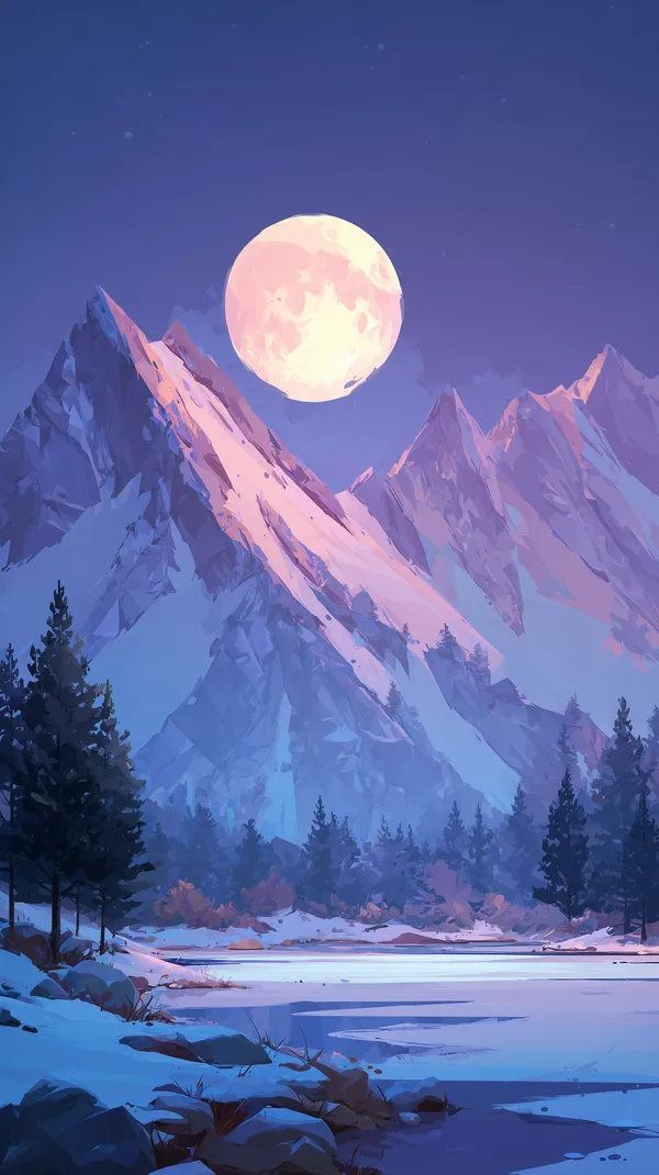 Moonlit Mountain Vista: Serene Winter Landscape Wallpaper - HD Wallpaper, 4k Background Image