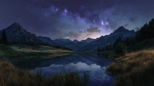 Starry Mountain Lake Nightscape Wallpaper with Galaxy Glow - HD Wallpaper, 4k Background Image