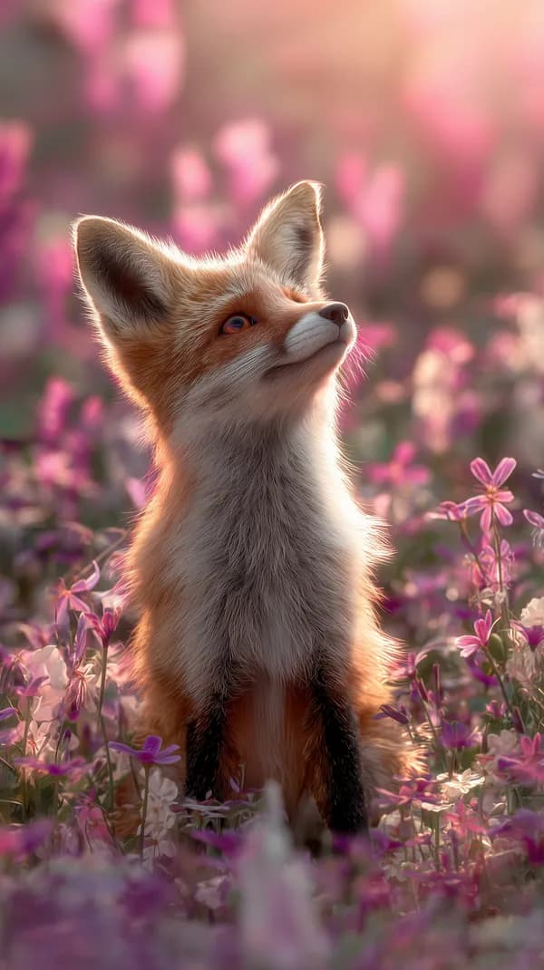 Adorable Fox Kit in a Blooming Field at Golden Hour - HD Wallpaper, 4k Background Image