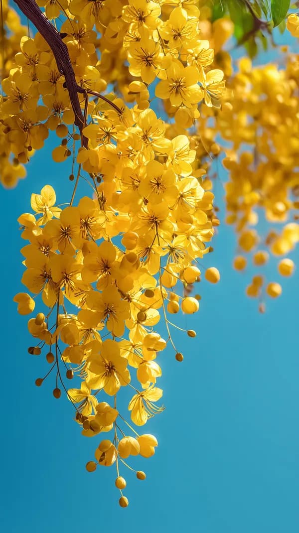 Golden Yellow Cascading Blossoms Against a Bright Blue Sky - HD Wallpaper, 4k Background Image
