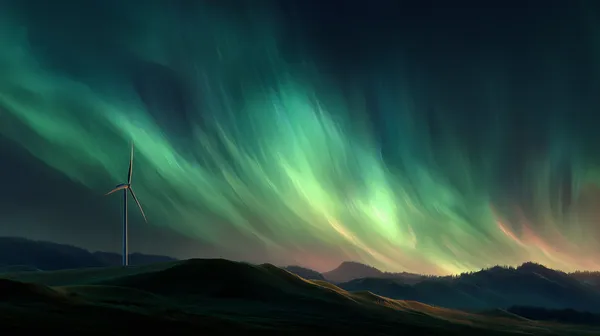 Aurora Night Sky Over Rolling Hills and a Wind Turbine - HD Wallpaper, 4k Background Image