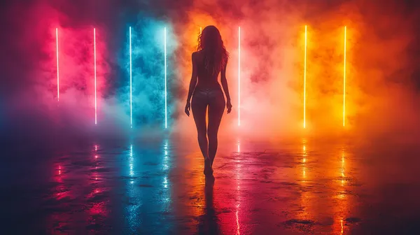 Neon Violet and Gold Silhouette Wall Art with Colorful Lights - HD Wallpaper, 4k Background Image