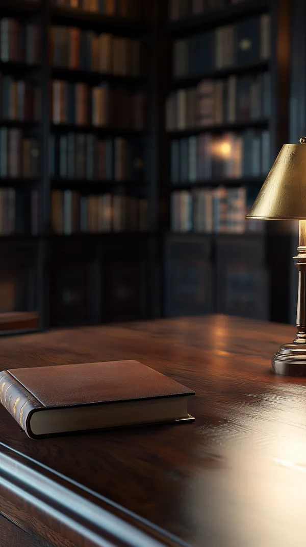Cozy Library Desk Scene with Warm Lamp and Leather Book - HD Wallpaper, 4k Background Image