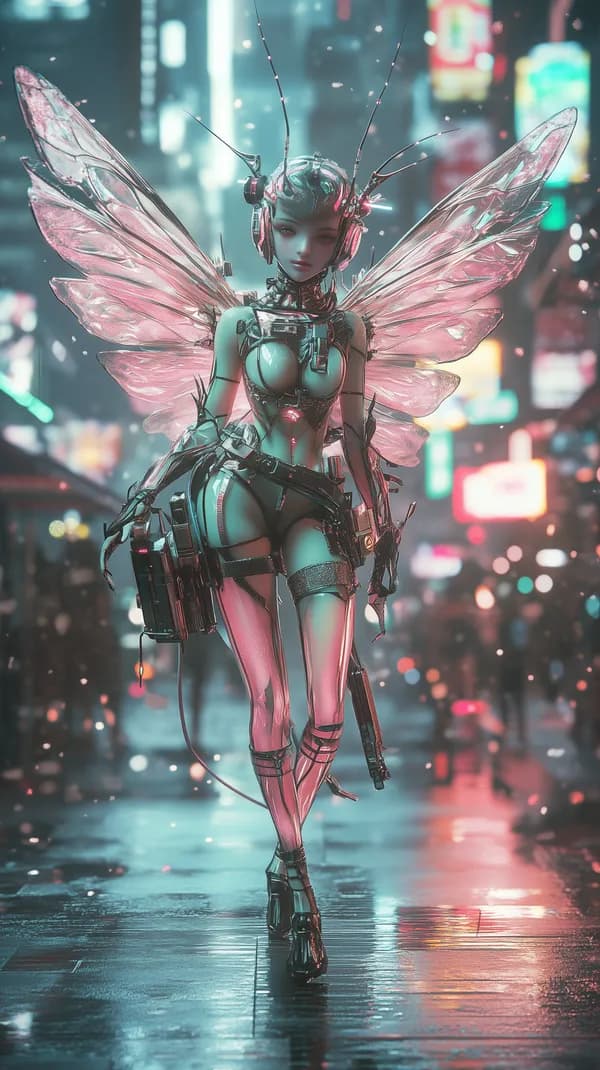 Futuristic Winged Android in Neon City Nightscape Vibes - HD Wallpaper, 4k Background Image